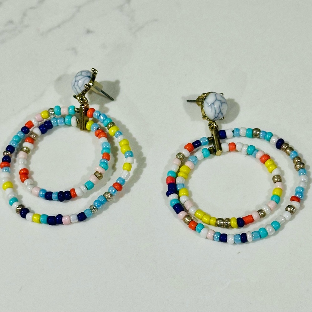 Handmade Multicolor Seed Bead Hoop Earrings - White Stone Stud